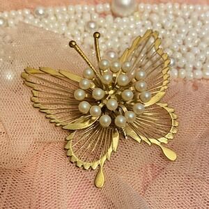 Vintage Monet Gold Butterfly Brooch Pin Faux Pearl Gold Tone Old Money